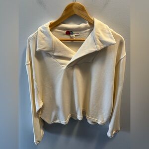 Free People | FP Beach Cream Collared Sweatshirt Top Size L V-Neck Coastal Cozy